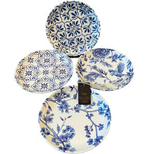 RACHEL ROY Blue White Floral Melamine 8" Appetizer Plates Set of 4 NEW